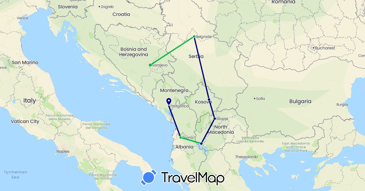 TravelMap itinerary: driving, bus in Albania, Bosnia and Herzegovina, Montenegro, Macedonia, Serbia, Kosovo (Europe)